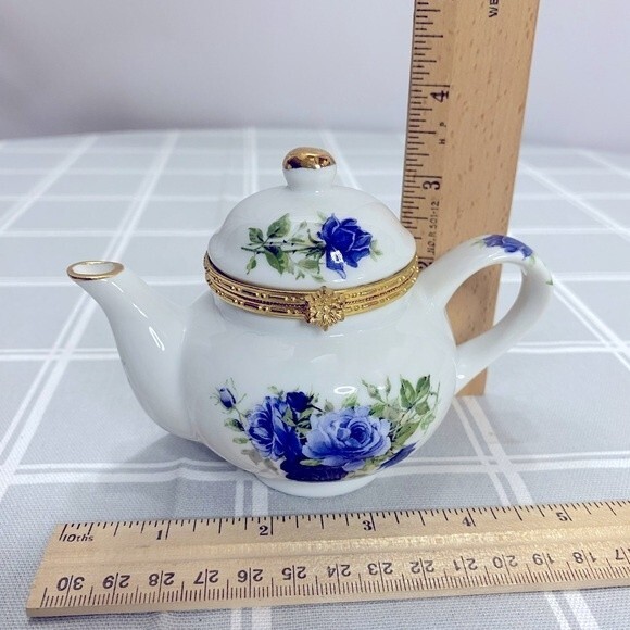 Teapot Blue Rose Floral Pattern Gold 1960’s Trinket Box Formalities by Baum Bros - Picture 8 of 8